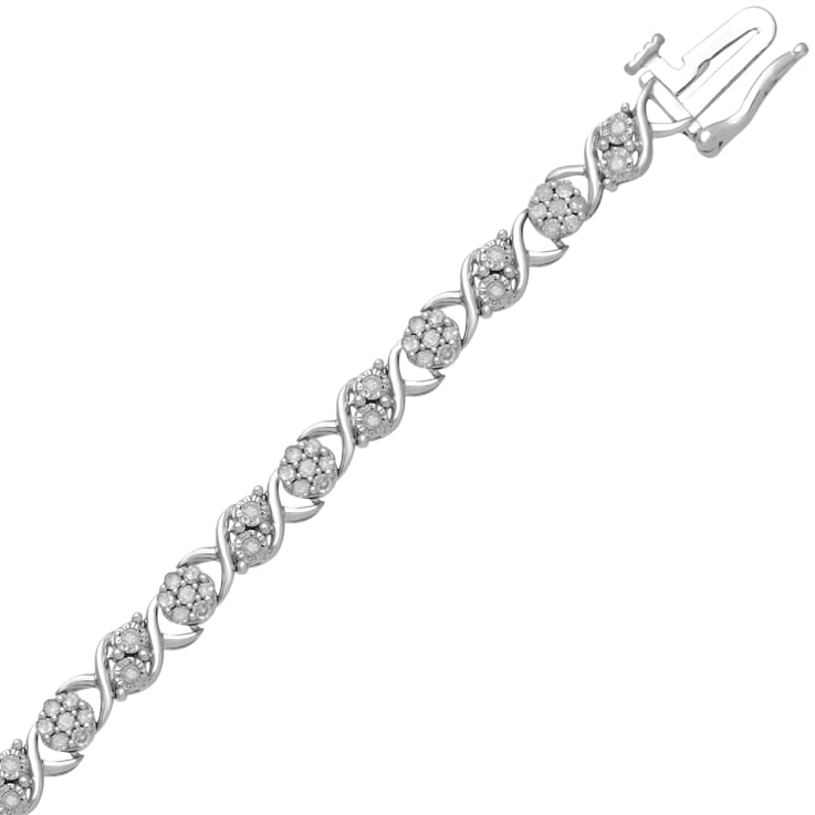 Natural White Round Diamond Sterling Silver Link Bracelet 1.00 CTW