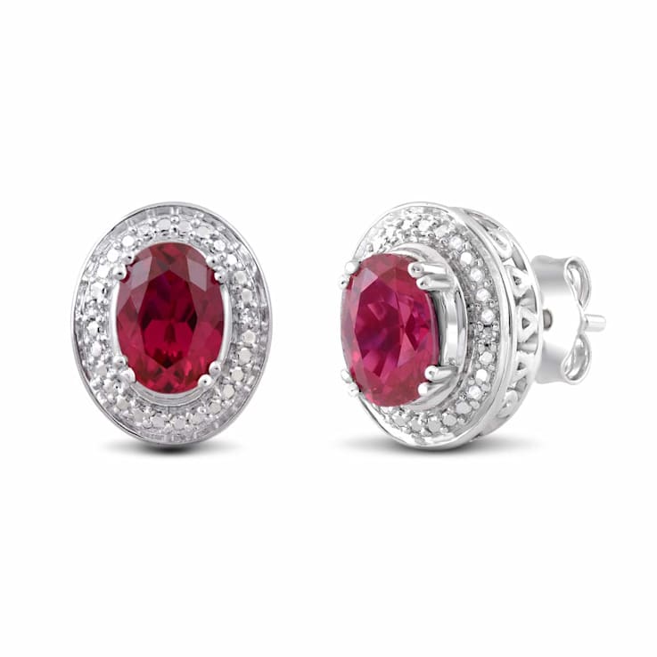 Sterling Silver 7x5 MM Oval Ruby and Natural White Round Diamond Stud Earrings