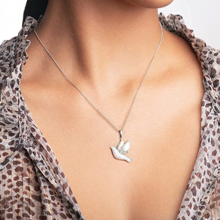Jewelili Created Opal and Diamond Dove Pendant in Sterling Silver
