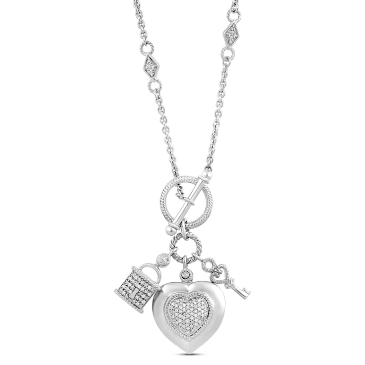 White Diamond Sterling Silver Heart, Lock and Key Charm Necklace 0.20CTW