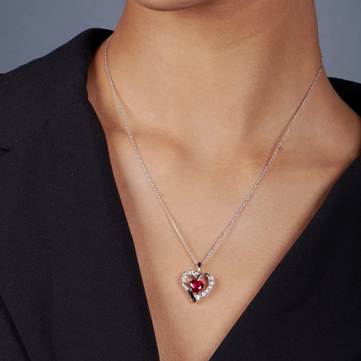 Jewelili Sterling Silver Created Ruby and Created White Sapphire Heart
Pendant with Rolo Chain