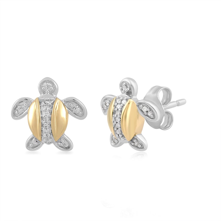 White Diamond 14K Yellow Gold Over Sterling Silver Turtle Stud Earrings
