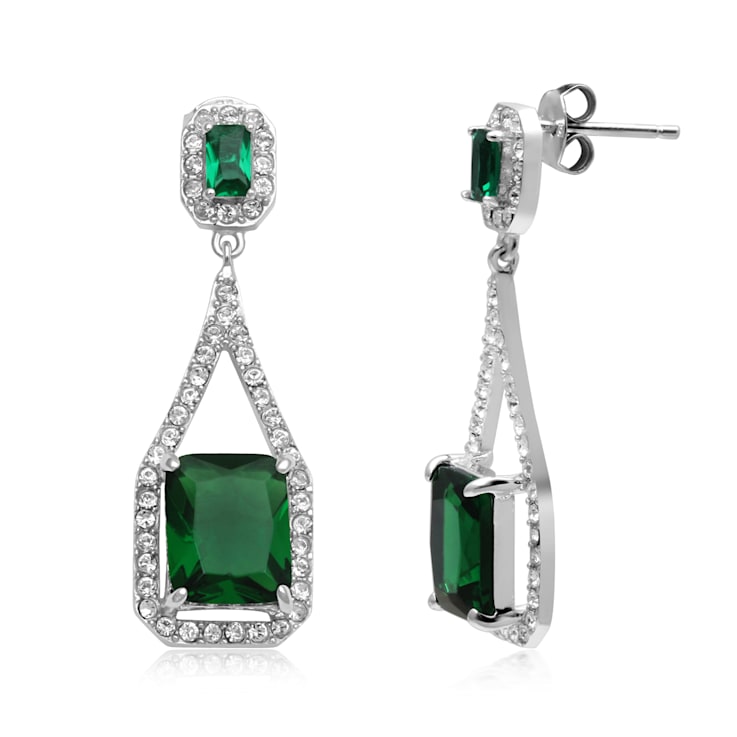 Sterling Silver Octagon Simulated Green Emerald Glass and Round Cubic
Zirconia Dangle Earrings