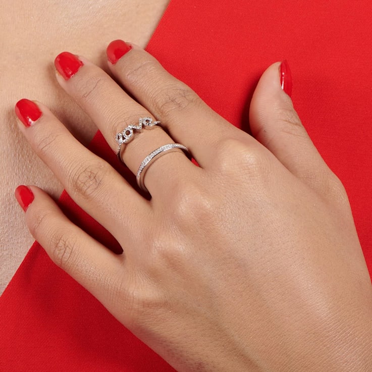 White Diamond Sterling Silver Love Ring