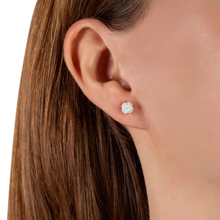 Jewelili 10K Yellow Gold 4mm Round Cut Created Opal Stud Earrings