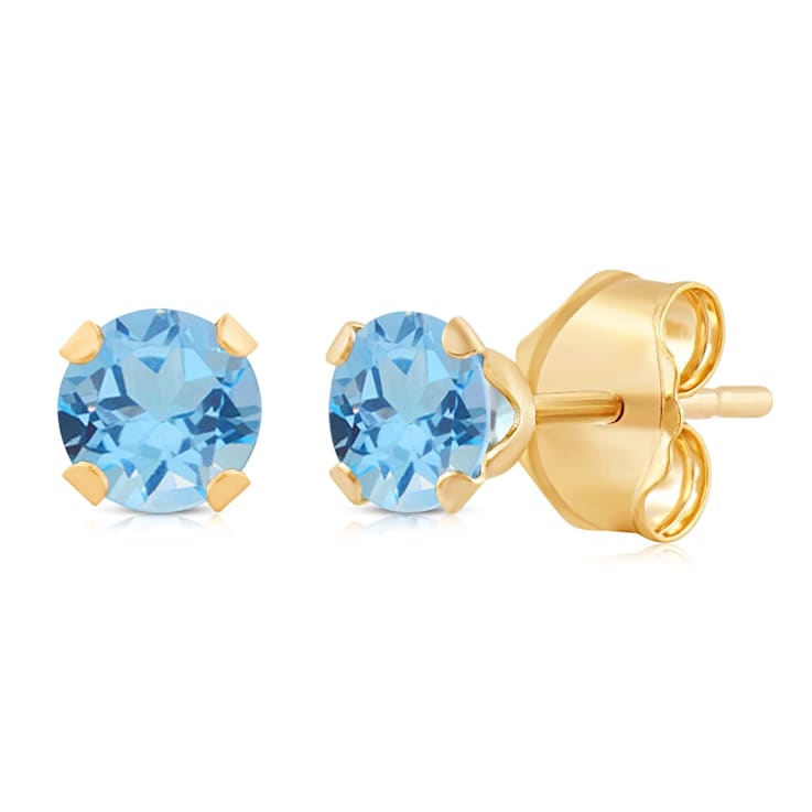 Jewelili 10K Yellow Gold 6mm Round Swiss Blue Topaz Stud Earrings