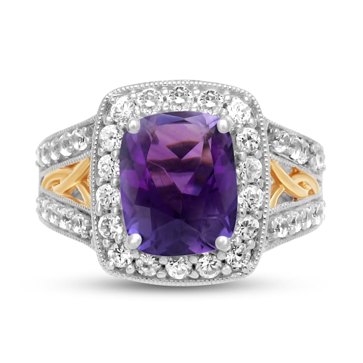 Jewelili 14K Yellow Gold Over Sterling Silver 10x8 MM Amethyst and
Created White Sapphire Halo Ring