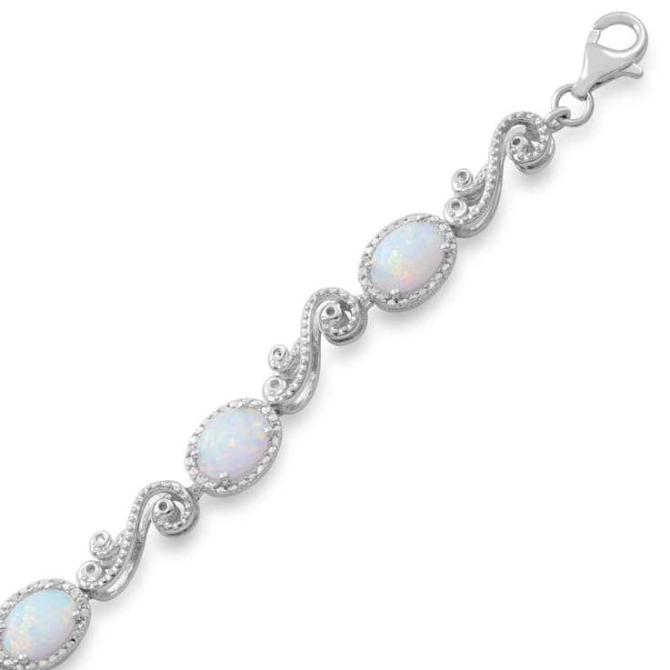 Sterling Silver Created Opal and White Diamond Tennis Bracelet