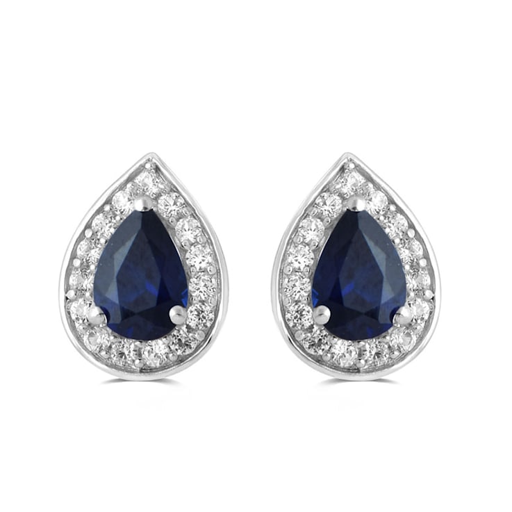Stud Earrings Sterling Silver, Pear Created Blue Sapphire and Round
Created White Sapphire