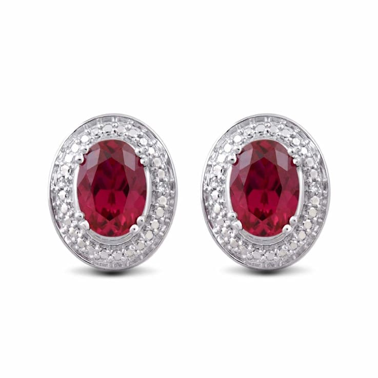 Sterling Silver 7x5 MM Oval Ruby and Natural White Round Diamond Stud Earrings