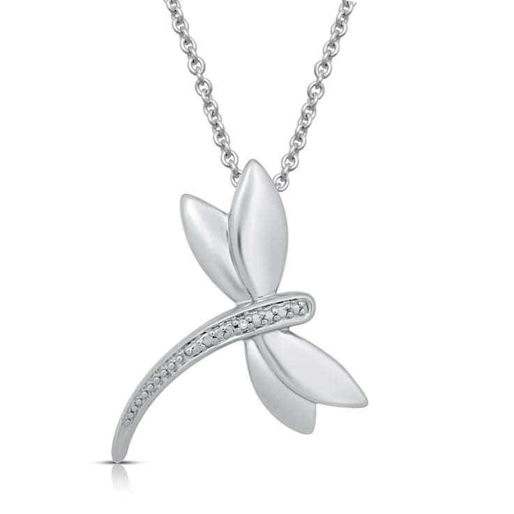 Jewelili Sterling Silver White Round Diamond Dragonfly Pendant with Rolo Chain