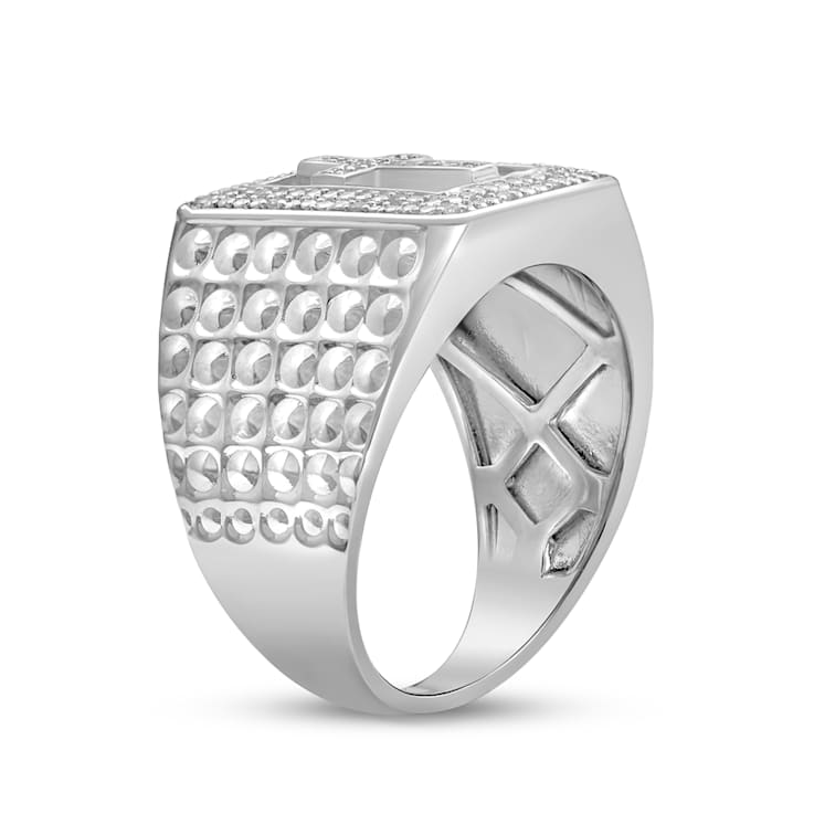 White Diamond Sterling Silver Cross Texture Men's Ring 0.10 CTW