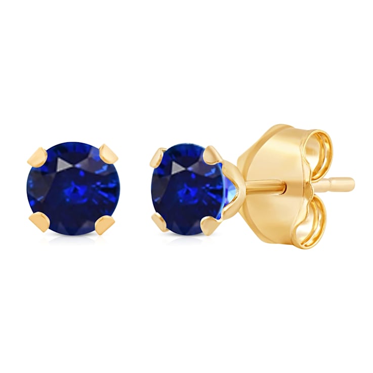 Jewelili 10K Yellow Gold 6mm Round Created Blue Sapphire Stud Earrings