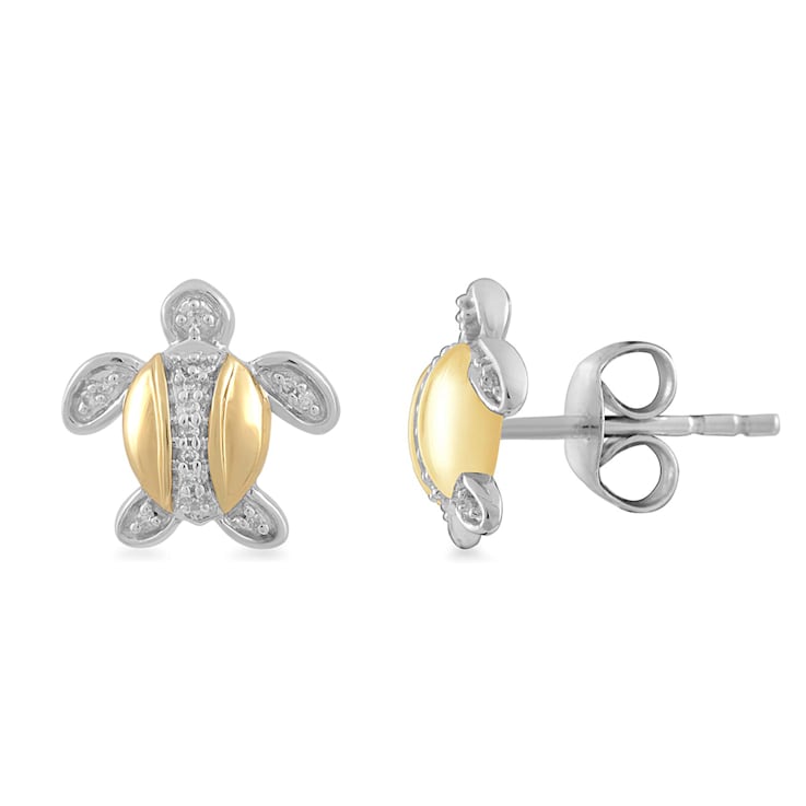 White Diamond 14K Yellow Gold Over Sterling Silver Turtle Stud Earrings