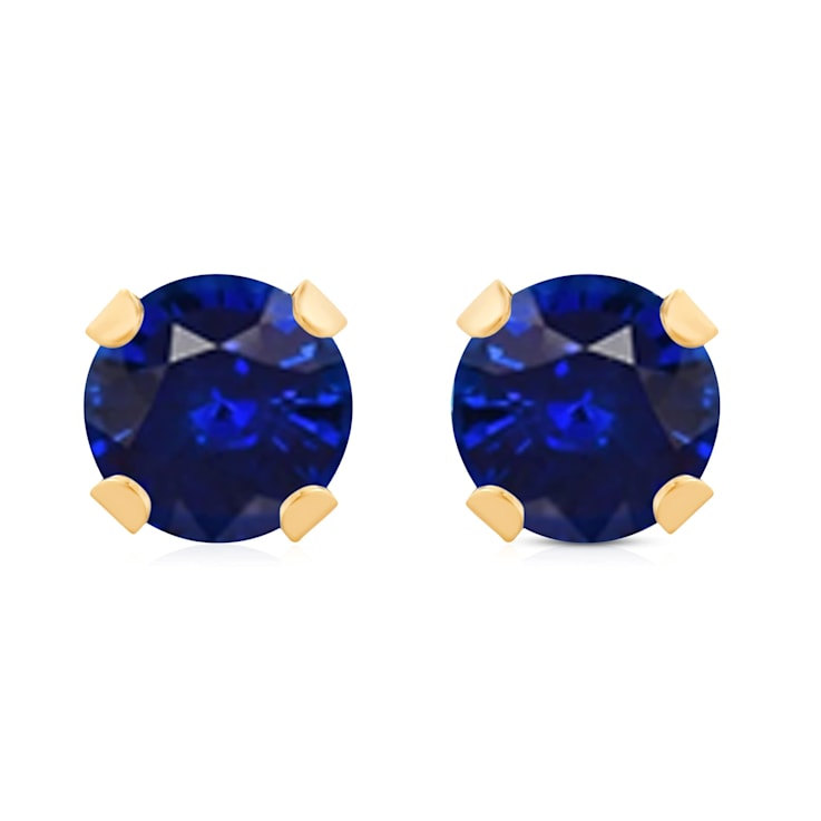 Jewelili 10K Yellow Gold 6mm Round Created Blue Sapphire Stud Earrings