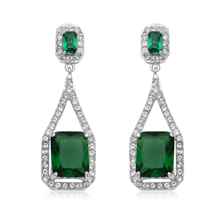 Sterling Silver Octagon Simulated Green Emerald Glass and Round Cubic
Zirconia Dangle Earrings