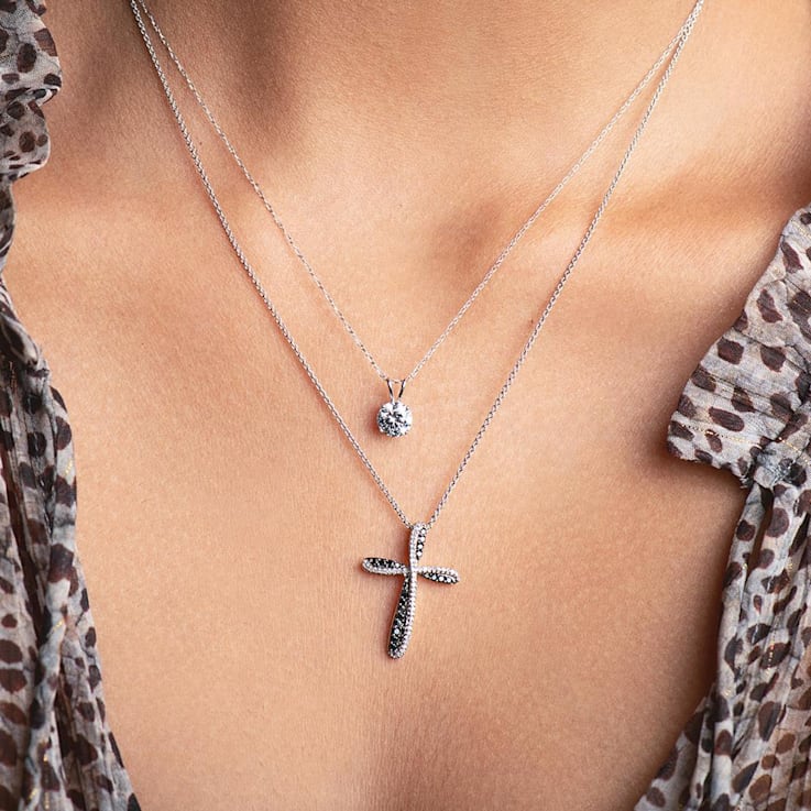 White and Black Diamond Sterling Silver Cross Pendant 0.33CTW