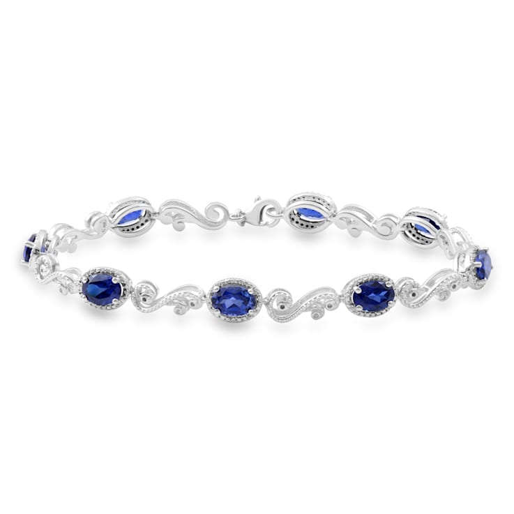 Created Blue Sapphire and Natural White Diamond Sterling Silver Bracelet