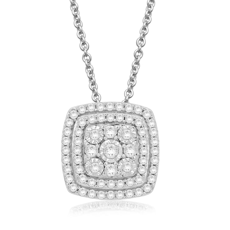 Jewelili Sterling Silver 1/2 Ctw White Diamond Miracle Plated Square
Shape Pendant, 18" Rolo Chain