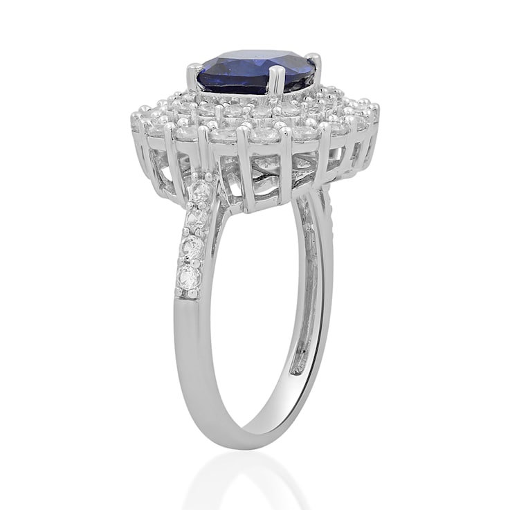 Created Blue and White Sapphire Sterling Silver Ring 3.32 CTW