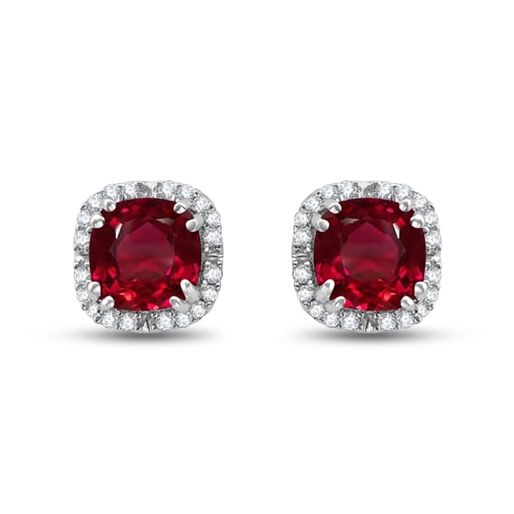 10K White Gold 5x5 MM Cushion Created Ruby and 1/10 Ctw Natural White
Round Diamond Stud Earrings