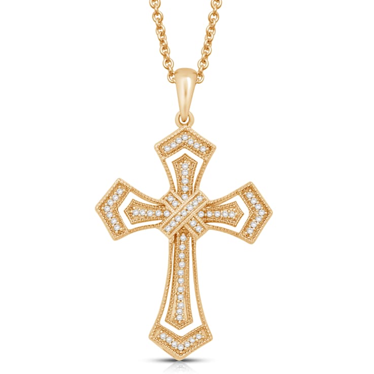 Jewelili 1/5 ctw Round White Diamond 18K Yellow Gold Over Sterling
Silver Cross Pendant With Chain