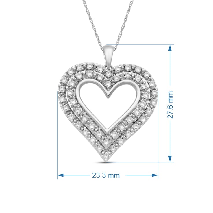 Sterling Silver 1Ctw White Diamond Heart Shape Pendant, 18" Rope Chain