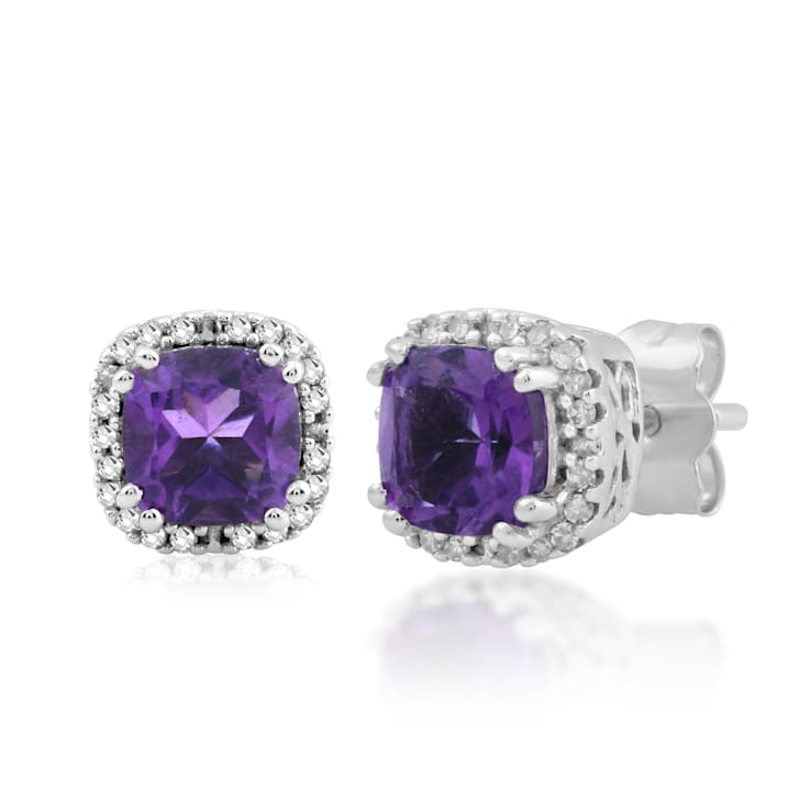 10K White Gold 5x5 MM Cushion Amethyst and 1/10 Ctw Natural White Round
Diamond Stud Earrings