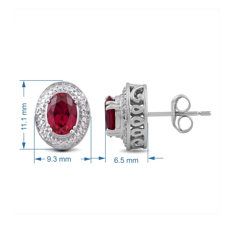 Sterling Silver 7x5 MM Oval Ruby and Natural White Round Diamond Stud Earrings