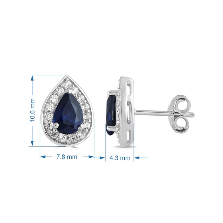 Stud Earrings Sterling Silver, Pear Created Blue Sapphire and Round
Created White Sapphire