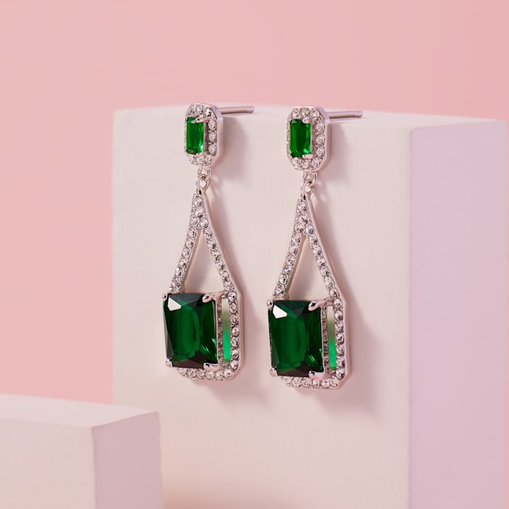 Sterling Silver Octagon Simulated Green Emerald Glass and Round Cubic
Zirconia Dangle Earrings