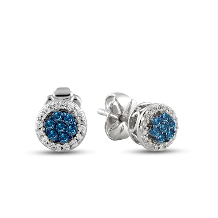 10K White Gold 1/4 Cttw Blue and White Round Diamond Cluster Stud Earrings