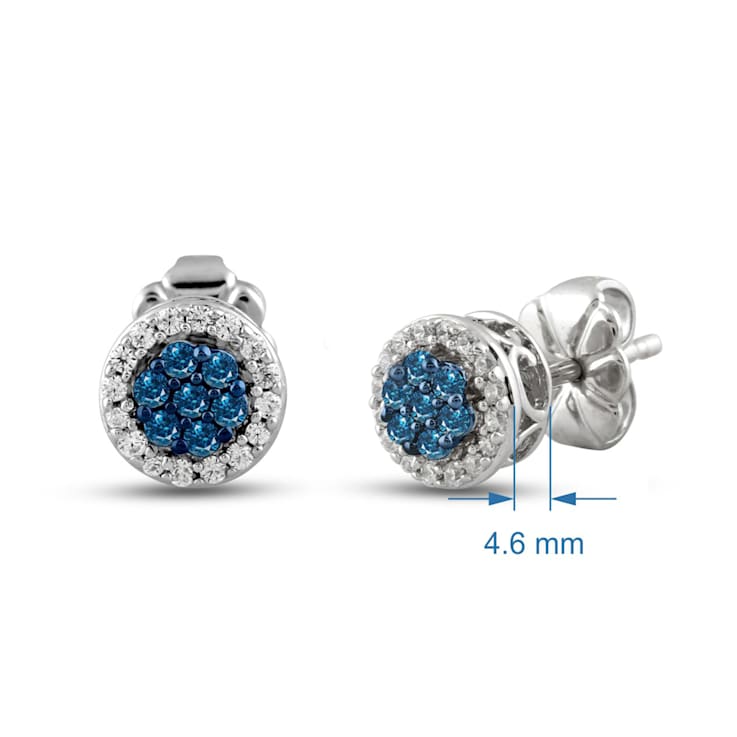 10K White Gold 1/4 Cttw Blue and White Round Diamond Cluster Stud Earrings