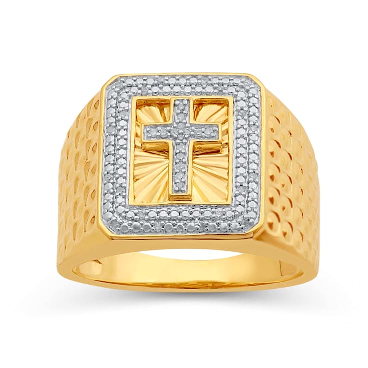 White Diamond 14K Yellow Gold Over Sterling Silver Cross Texture Men's
Ring 0.10 CTW