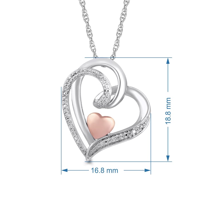 Natural White Diamonds Sterling Silver and 10K Rose Gold  Heart Pendant