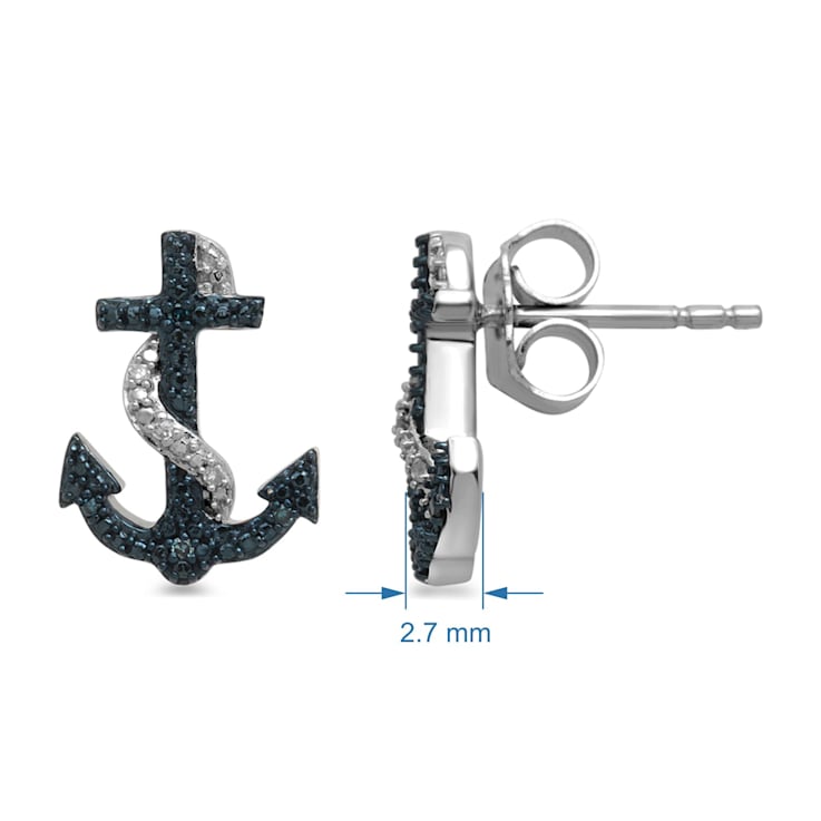 Blue and White Diamonds Sterling Silver Anchor Stud Earrings