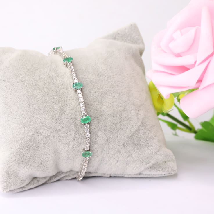 Oval Emerald And White Zircon Sterling Silver Bracelet