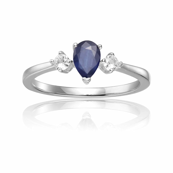 Genuine Blue and White Teardrop Sapphire Ring in Sterling Silver