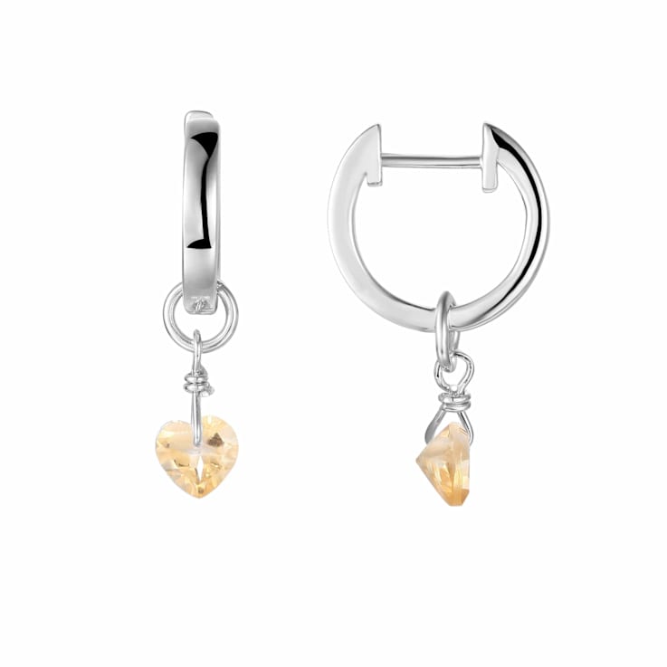 Yellow Citrine Rhodium Over Sterling Silver Dangling Heart Earrings