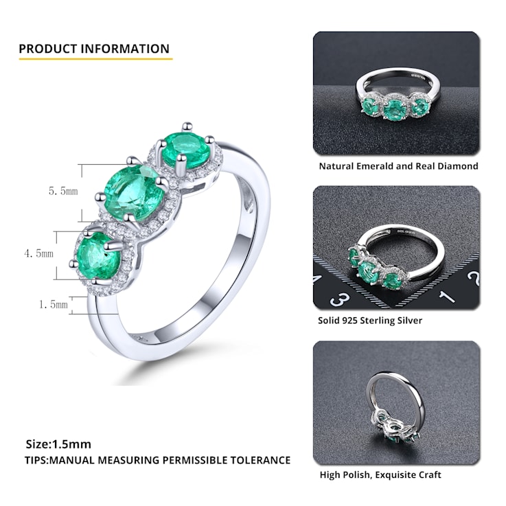 Genuine Emerald Three Stone Statement Ring with White Zircon Accents
