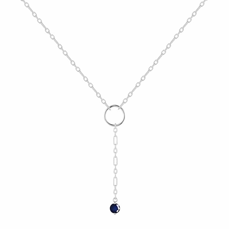 Round Sapphire Rhodium Over Sterling Silver Dainty Necklace