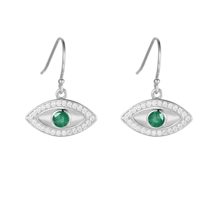 Emerald Rhodium Over Sterling Silver Evil Eye Earrings