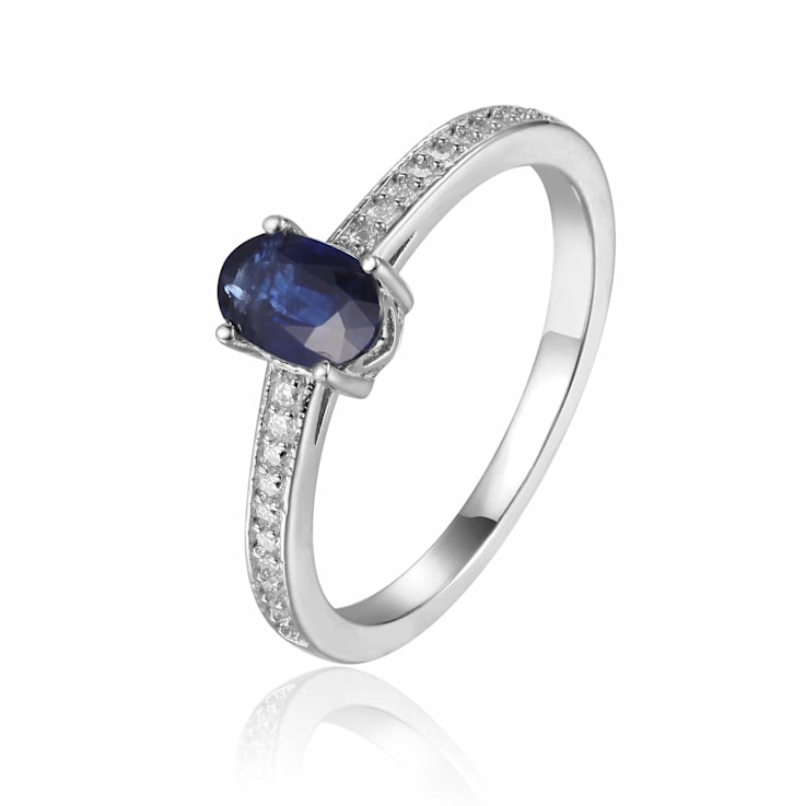 Genuine Blue Sapphire Solitaire Ring with Moissanite Accents in Sterling Silver