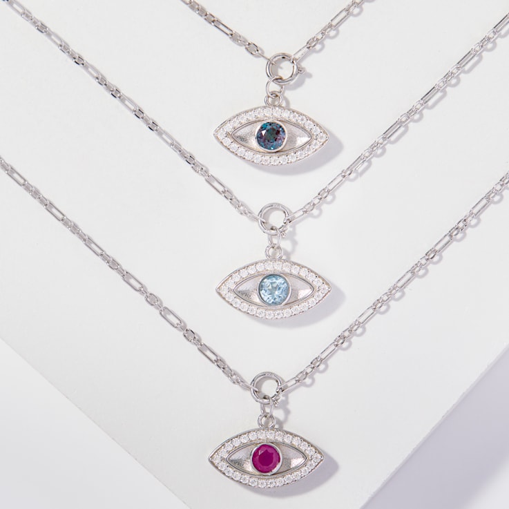Lab Created Alexandrite and Moissanite Rhodium Over Sterling Silver Evil
Eye Necklace