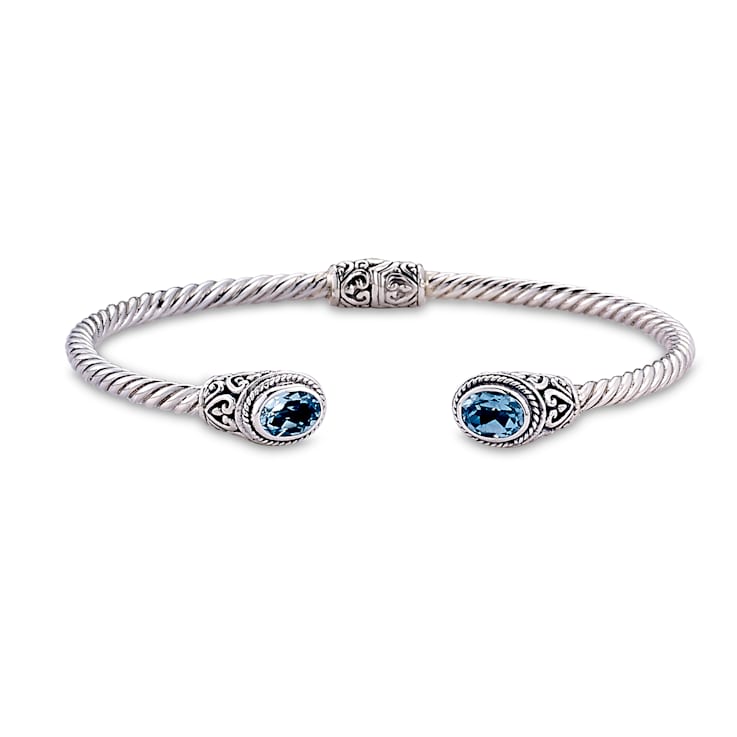 Sterling Silver 3mm 6.75" Twisted Cable Bangle with Blue Topaz