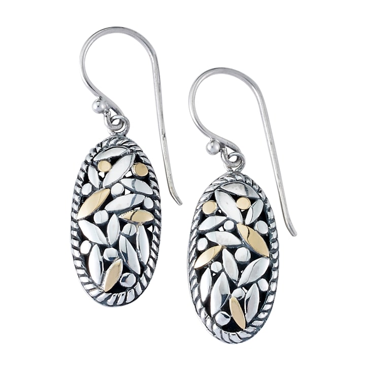 Sterling Silver And 18K Gold Leaf Design Oval Drop Earrings