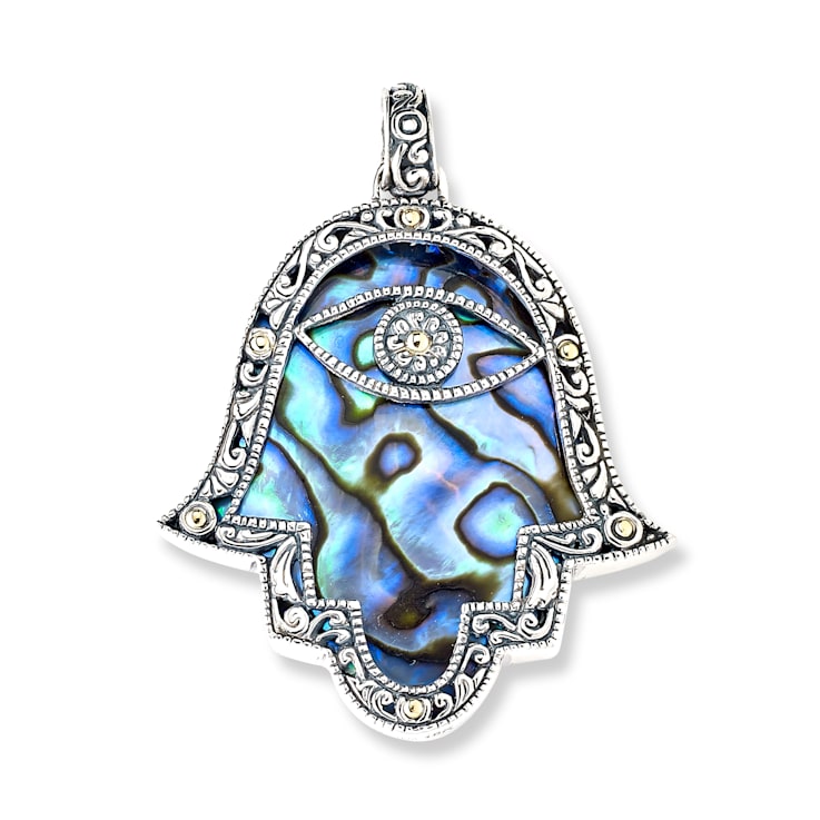 Sterling Silver And 18K Gold Abalone Hamsa Pendant W/ Evil Eye In The Middle