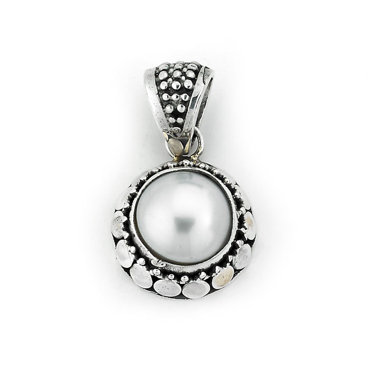 Sterling Silver Round Dot Design White Mabe Pearl Pendant