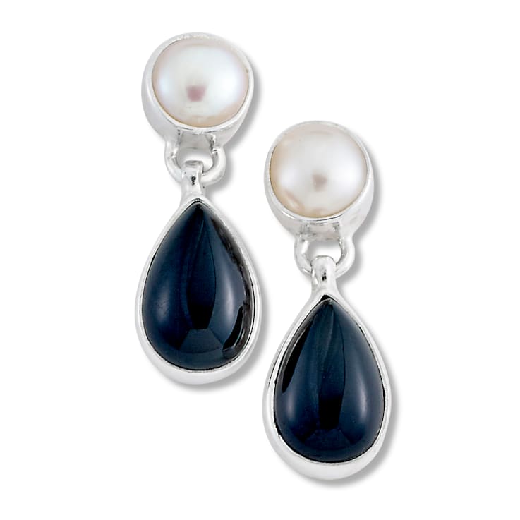 Sterling Silver Pearl And Black Onyx Drop Earrings