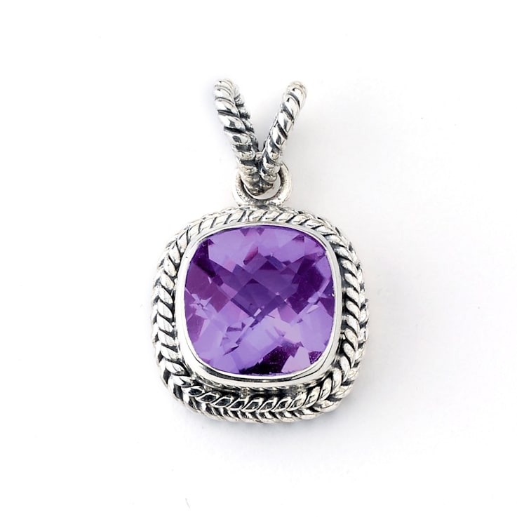 Sterling Silver Cushion Cut Purple Amethyst Pendant With Twisted Design